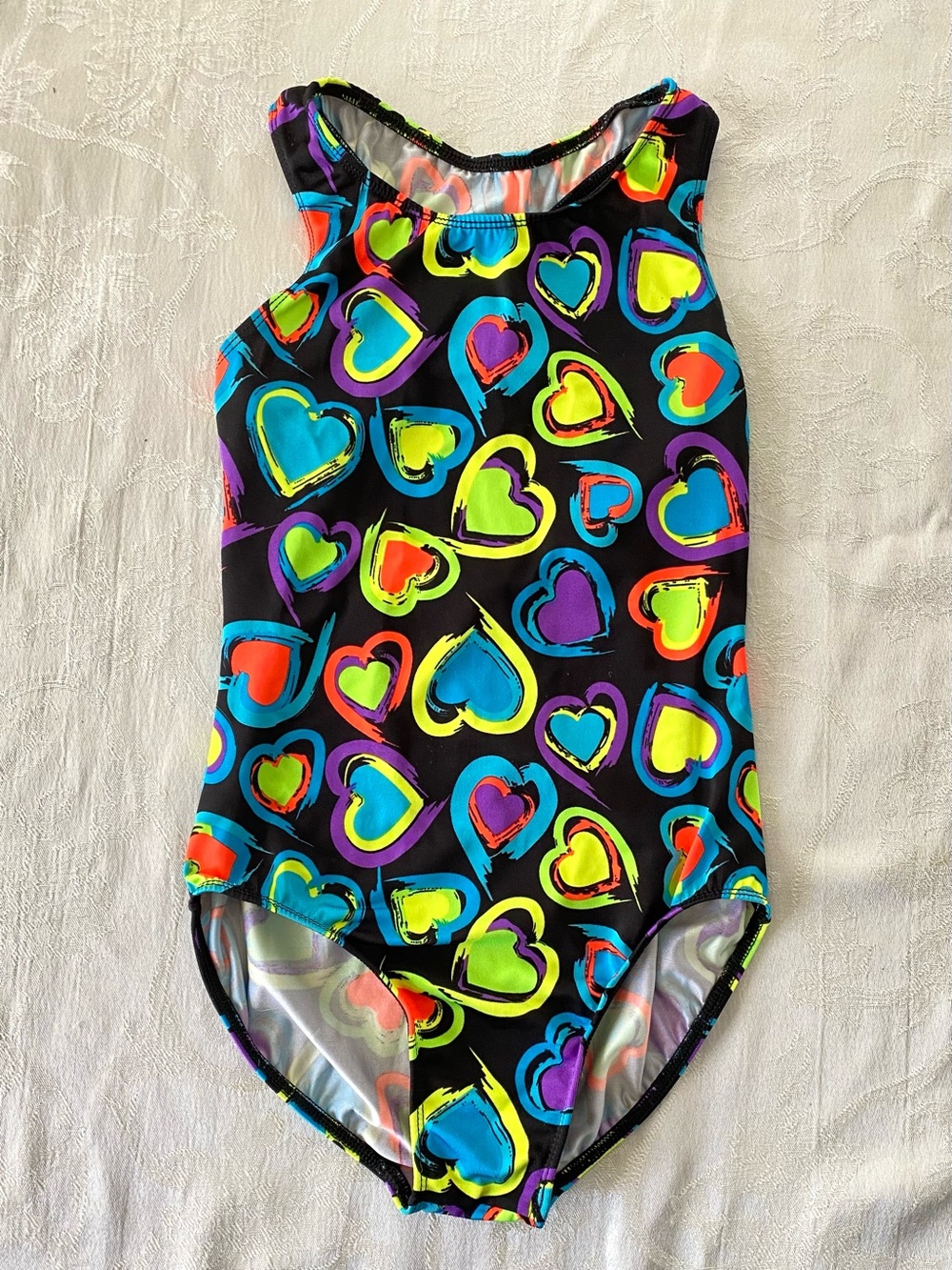 Balera Gymnastics Leotard LC Large Child Size Black Neon Color Hearts
